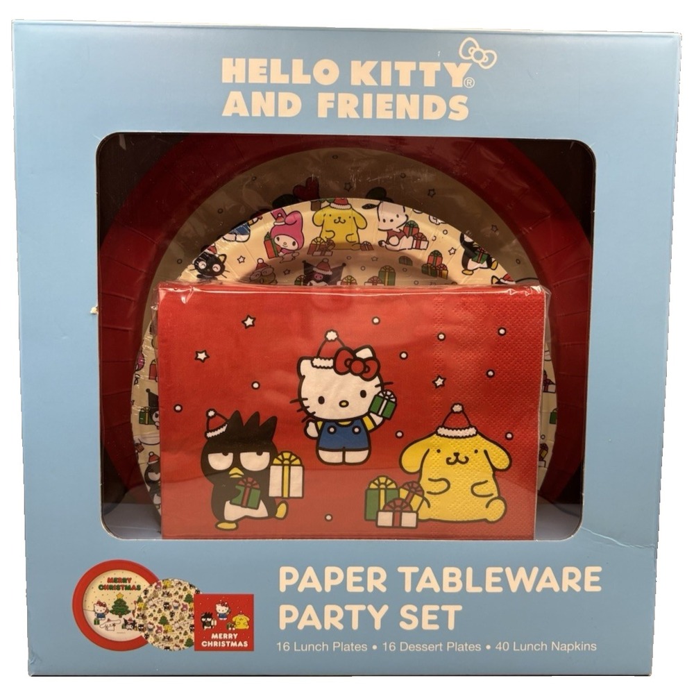Hello Kitty Paper Tableware Party Set Merry Christmas Tree Gifts NEW In Box